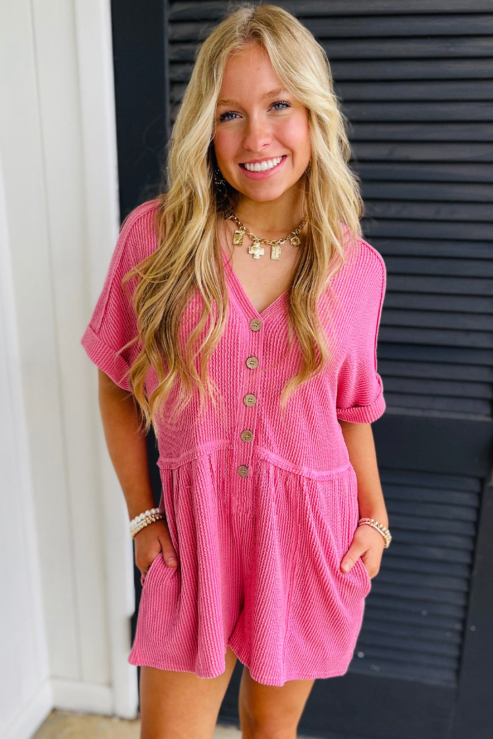 Spiral Ribbed Short Sleeve V Neck Buttoned Romper with Pocket
