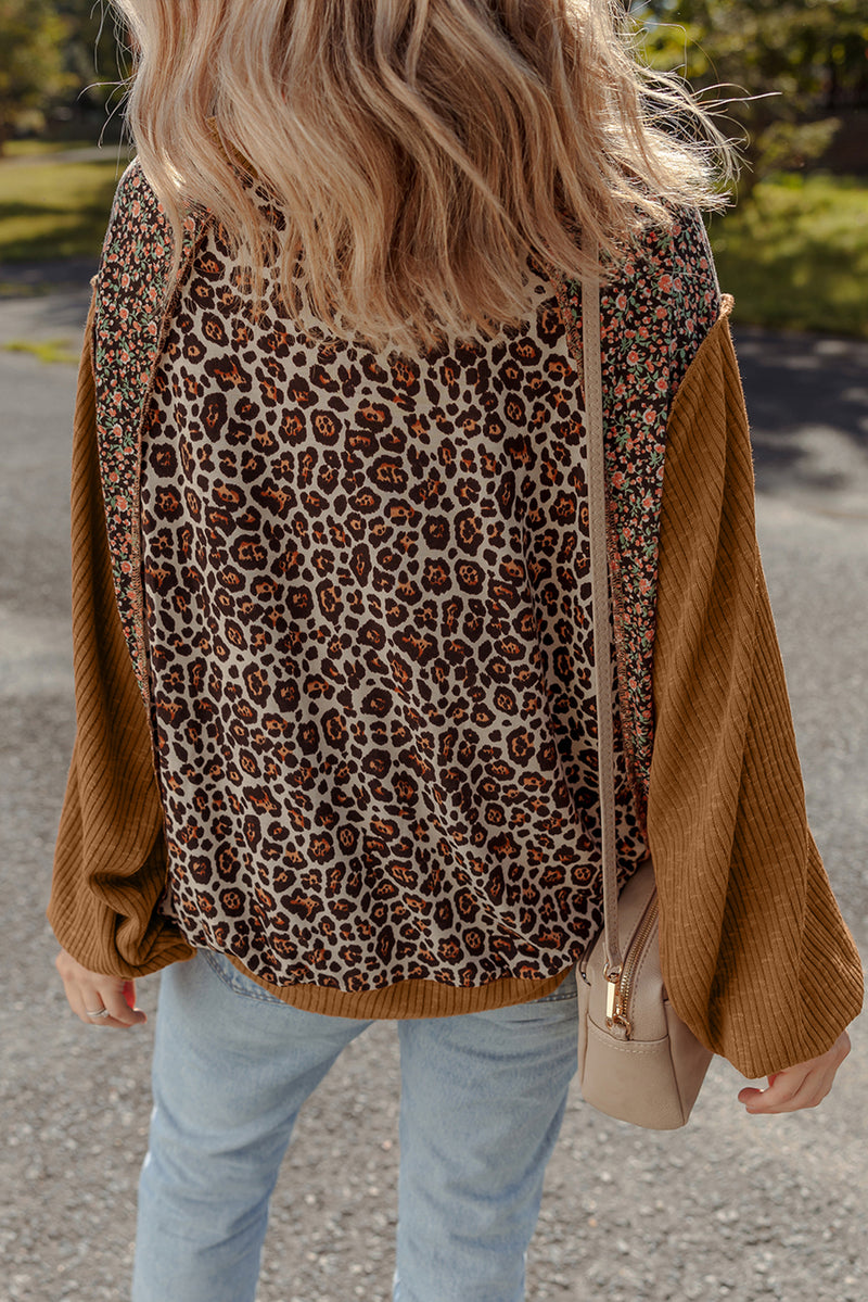 Leopard Print Ribbed Puff Sleeve Patchwork Loose Pullover