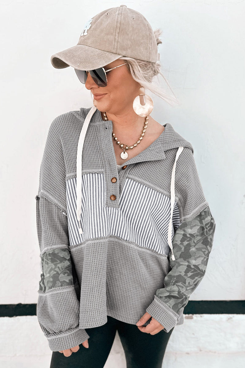 Waffle Printed Patchwork Drawstring Hooded Long Sleeve Top
