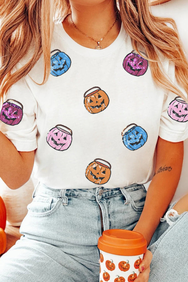 Sequin Pumpkin Face Patched Crew Neck Holiday T Shirt