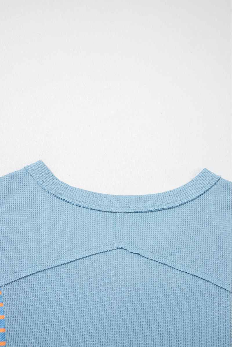Exposed Seam Waffle Striped Patchwork Baggy Pullover