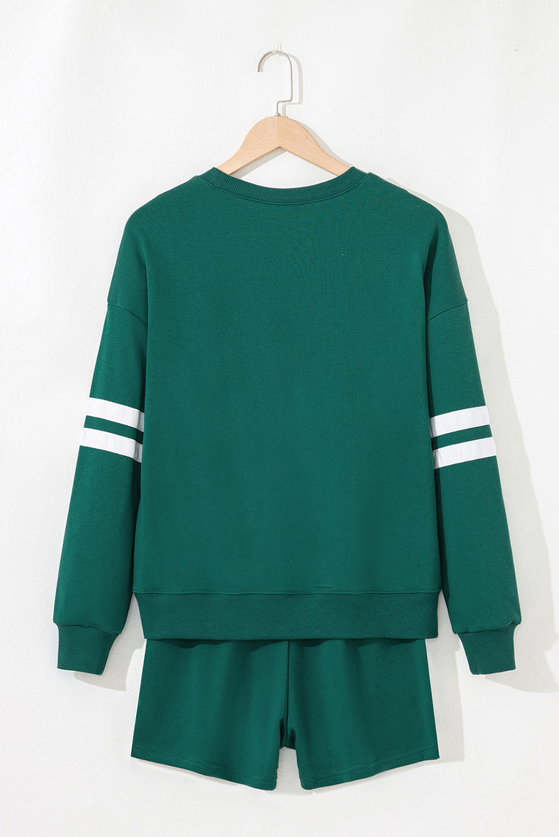 Solid Varsity Striped Sleeve Drop Shoulder Sweatshirt and Short Set