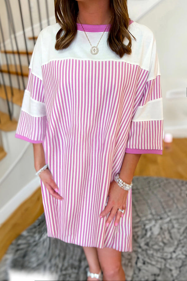 Striped Patchwork Three Quarters Sleeve Loose Mini Dress
