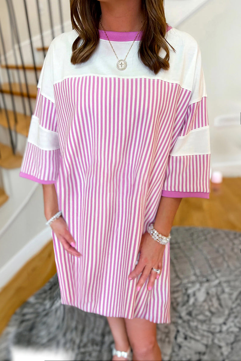 Striped Patchwork Three Quarters Sleeve Loose Mini Dress