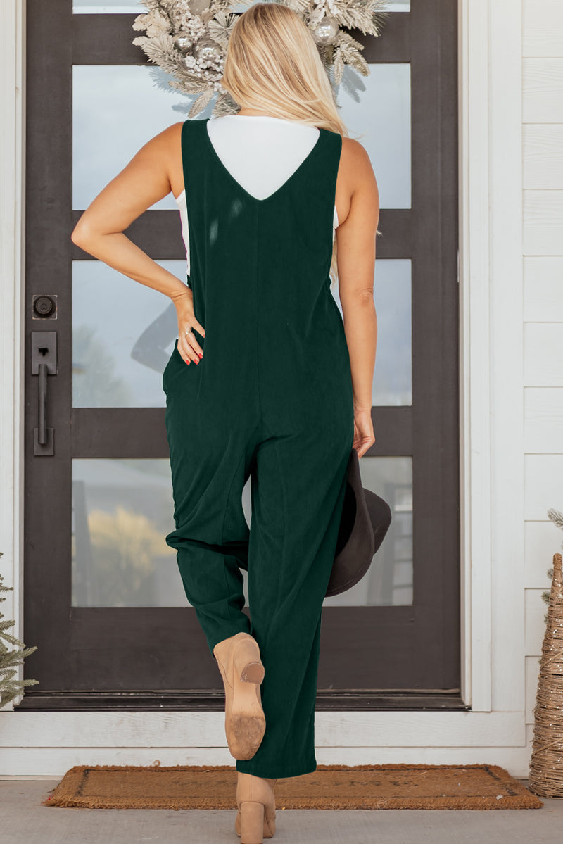 Corduroy V Neck Patched Pocket Sleeveless Jumpsuit