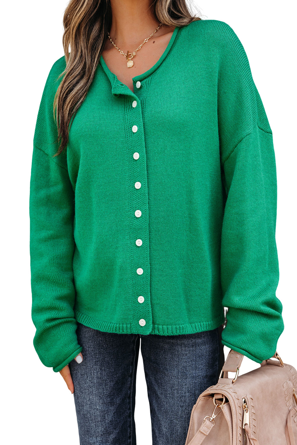 Solid Color Knit Button Drop Shoulder Sweater Cardigan