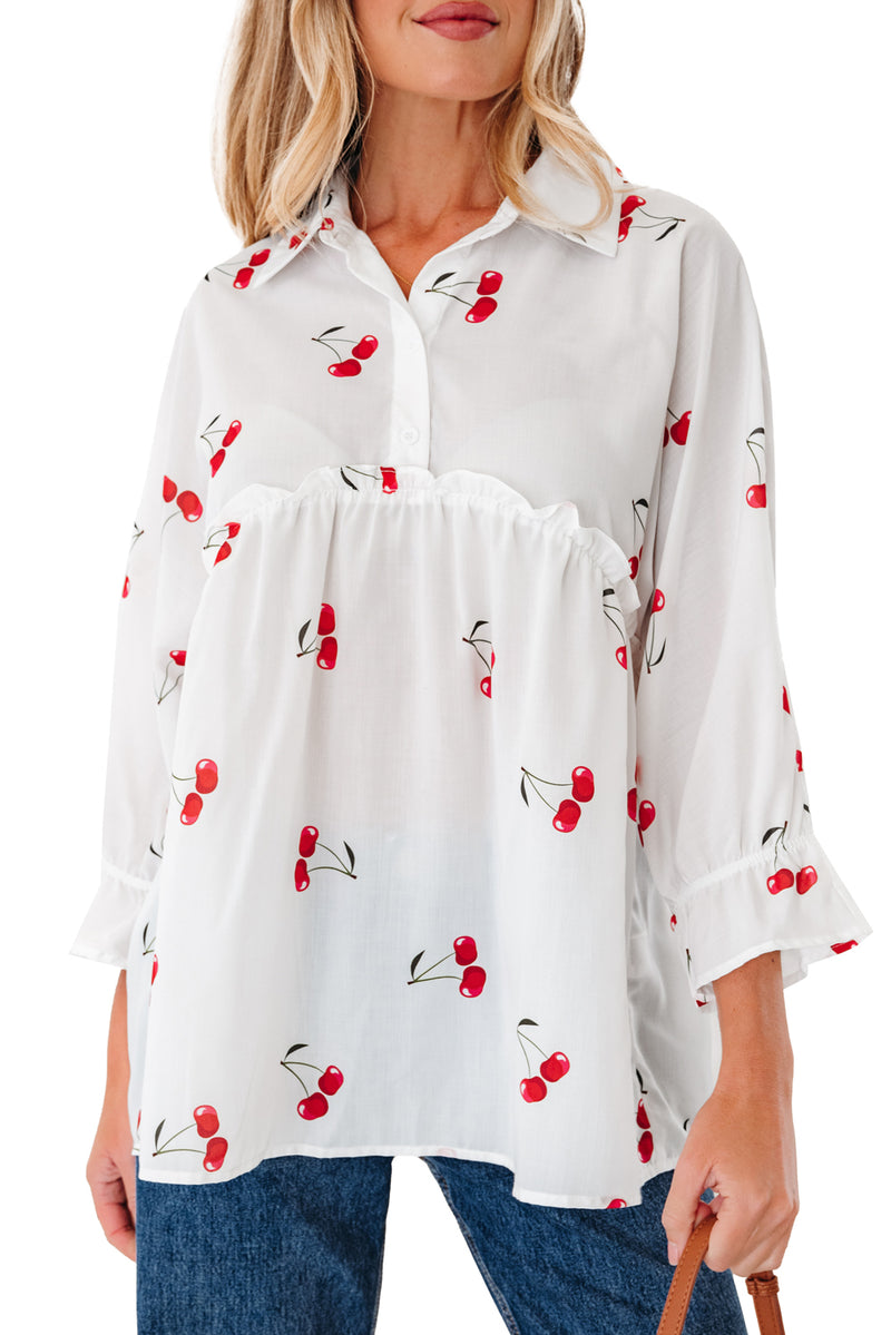 Cherry Print Flounce Sleeve Collared Frilled Babydoll Blouse
