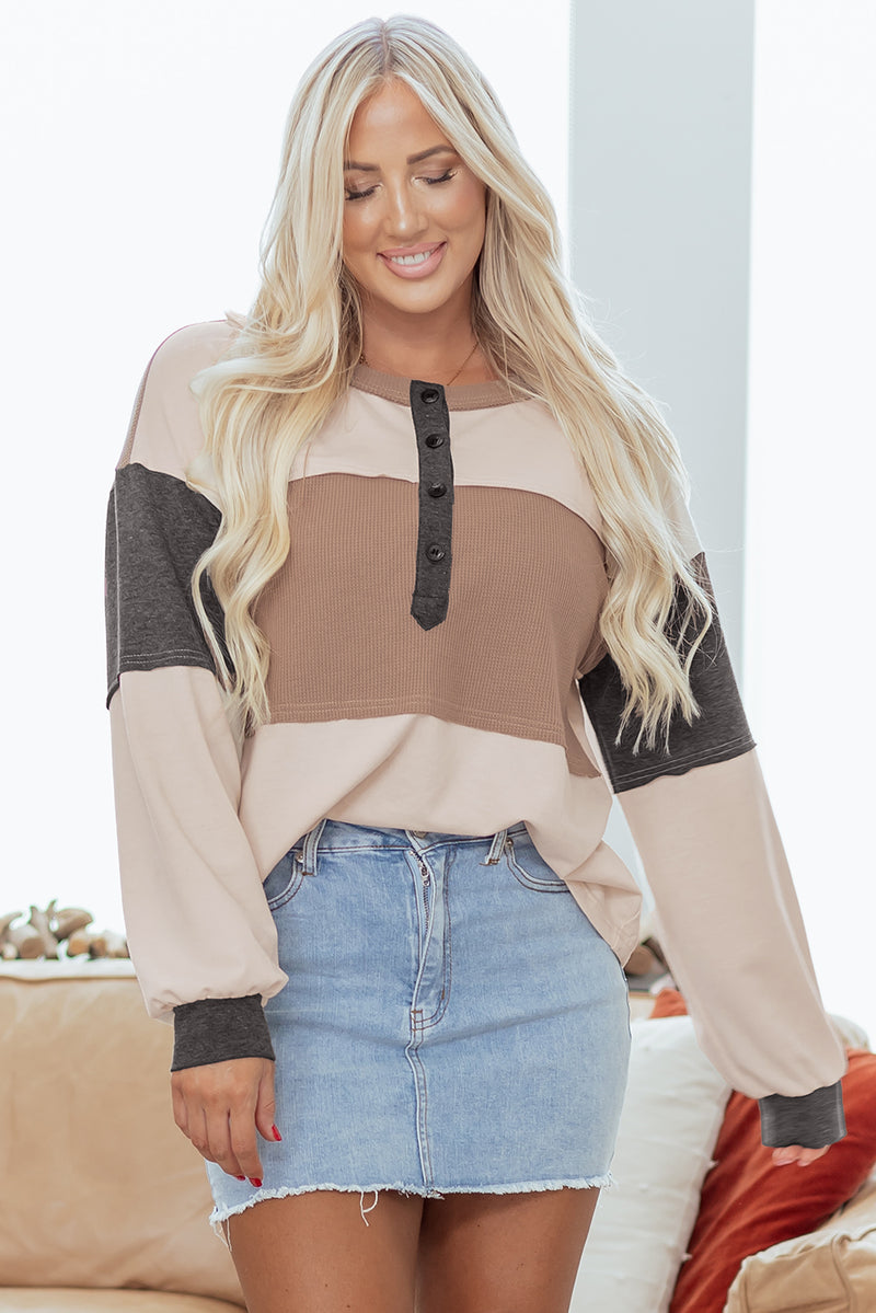 Beige Color Block Waffled Patchwork Loose Henley Top