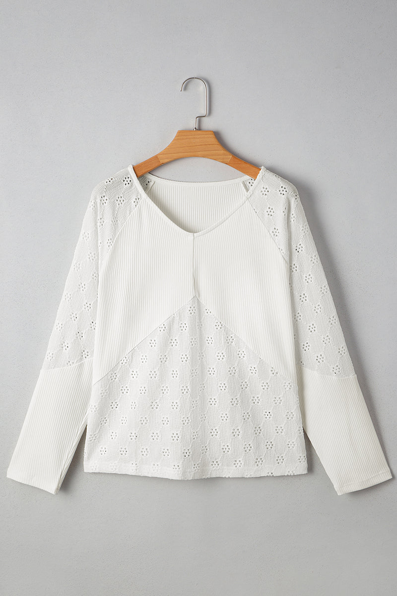 Twisted Rib Patchwork Embroidered Loose V Neck Long Sleeve Top