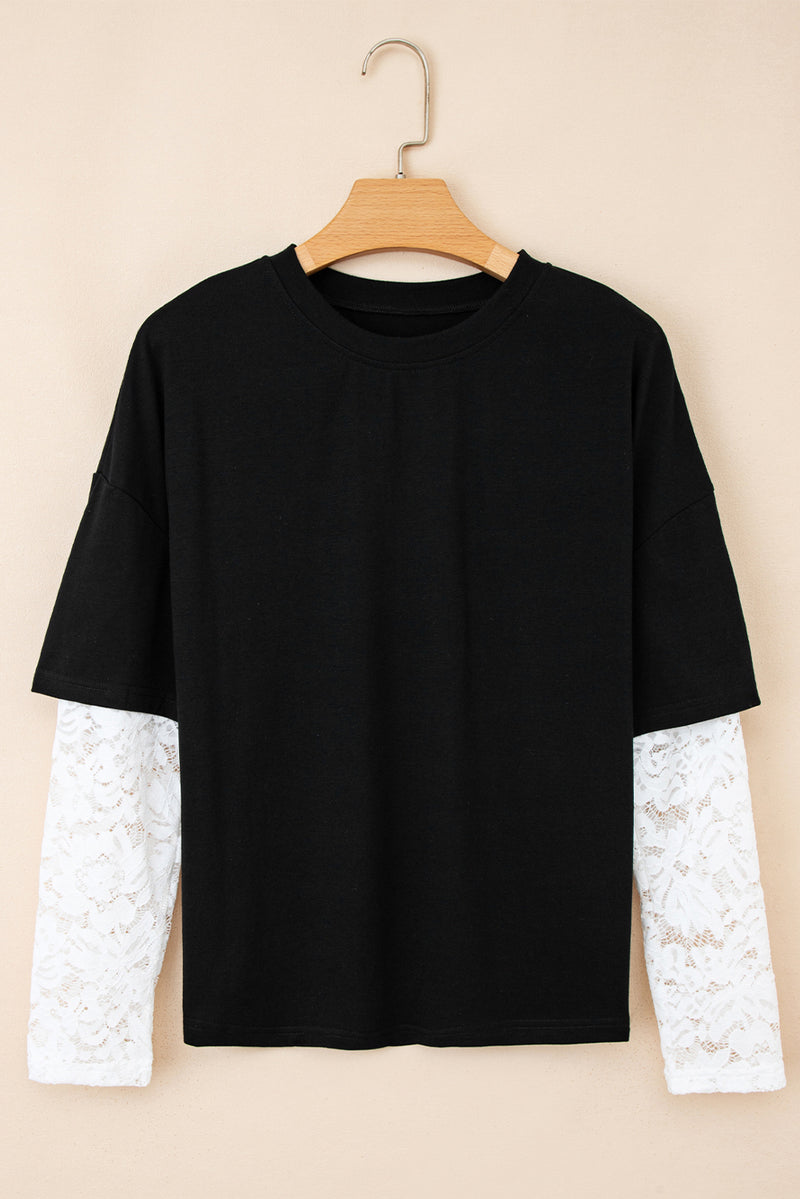 Lace Long Sleeve Insert Drop Shoulder Tee