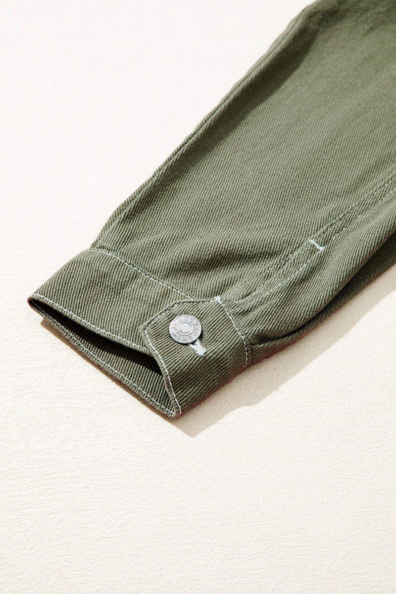 Moss Green Patched Pocket Collared Button Front Boyfriend Denim Jacket