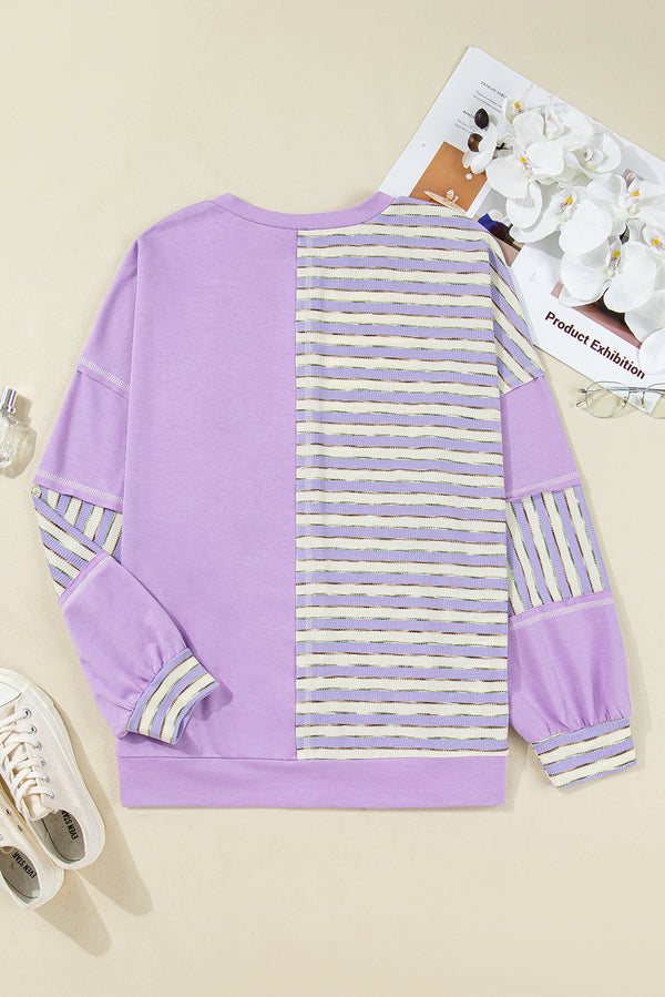 Stripe Patchwork Buttoned Drop Shoulder Plus Size Pullover