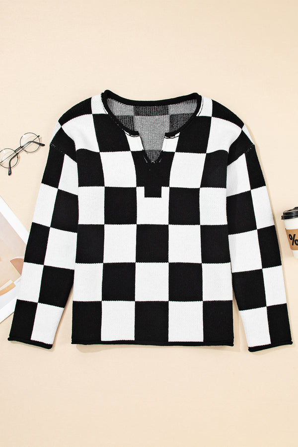 Checked Notched Neckline Drop Shoulder Knit Sweater