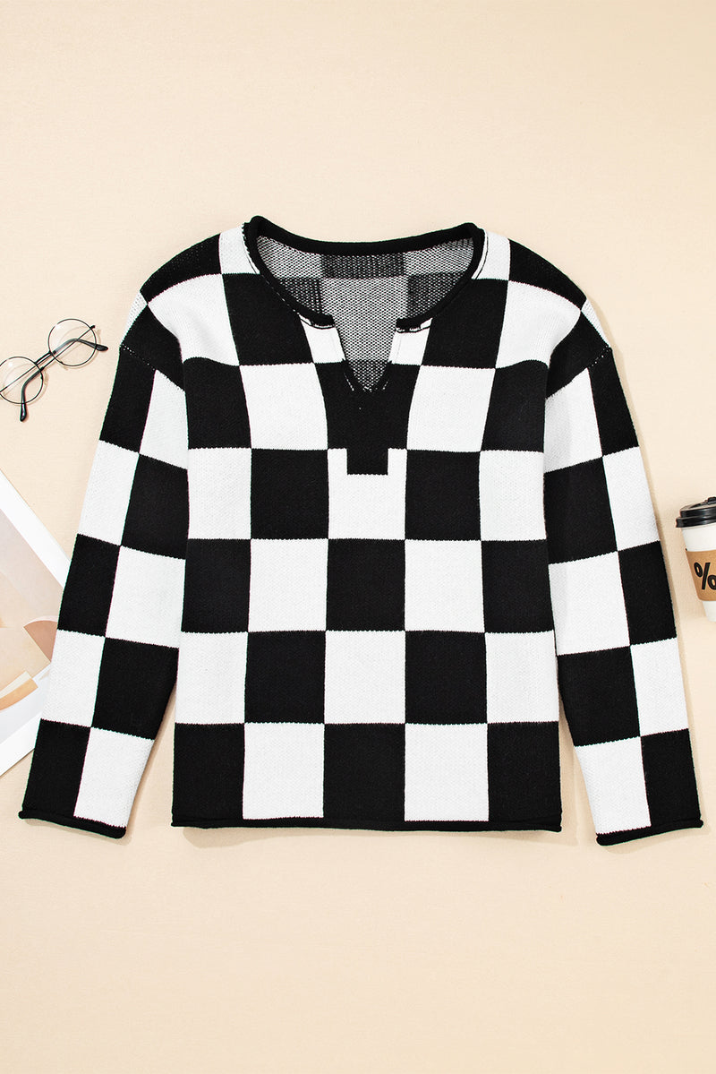 Checked Notched Neckline Drop Shoulder Knit Sweater