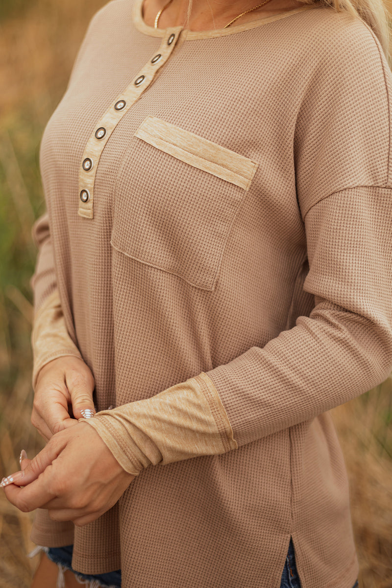 Color Block Waffle Textured Tunic Henley Top with Slits