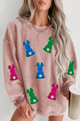 Easter Rabbit Patched Pattern Corded Crewneck Sweatshirt