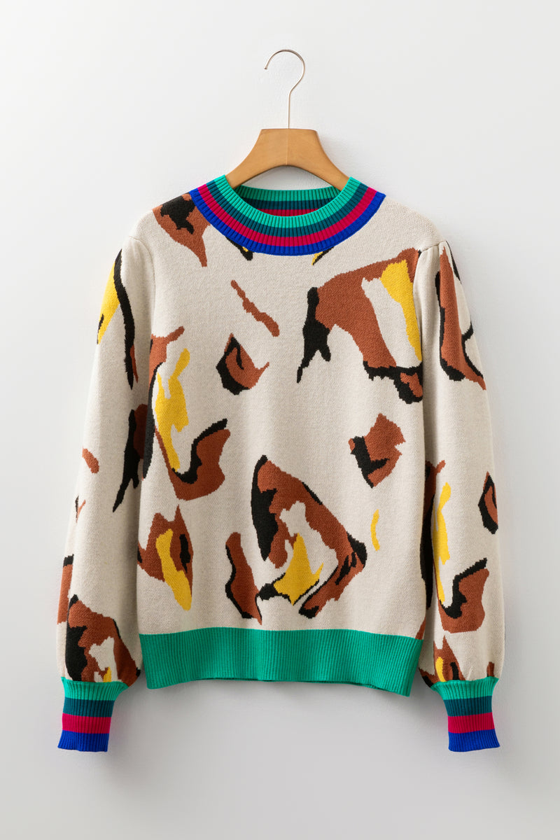 Contrast Ribbed Stripes Detail Animal Pattern Knit Sweater