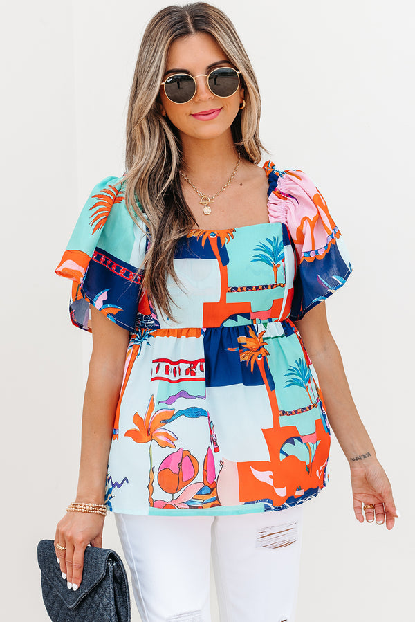 Tropical Printed Square Neck Flutter Sleeve Babydoll Blouse