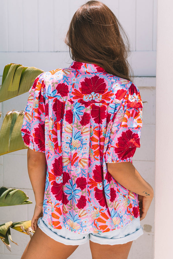 Floral Print Bubble Sleeve Button Up Pleated Shirt