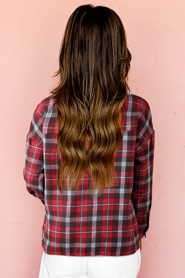 Plaid Print Collared V Neck Loose Blouse with Side Slits