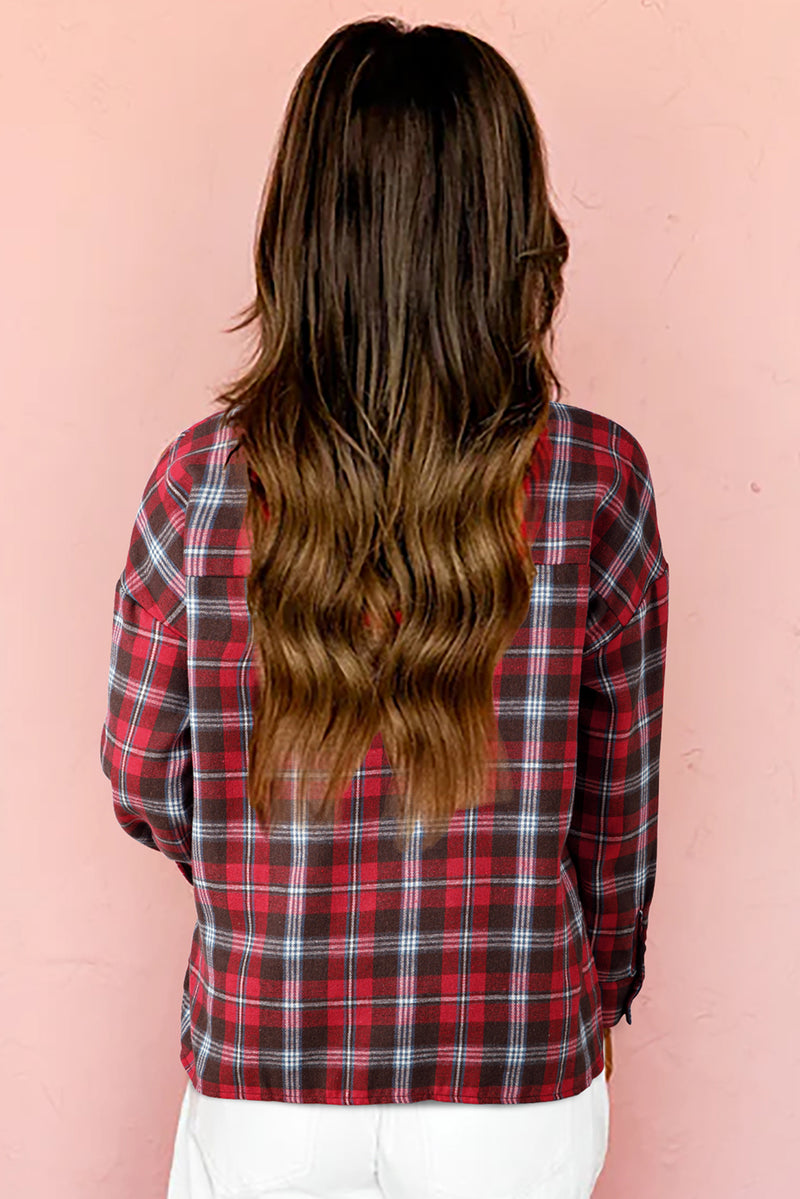 Plaid Print Collared V Neck Loose Blouse with Side Slits