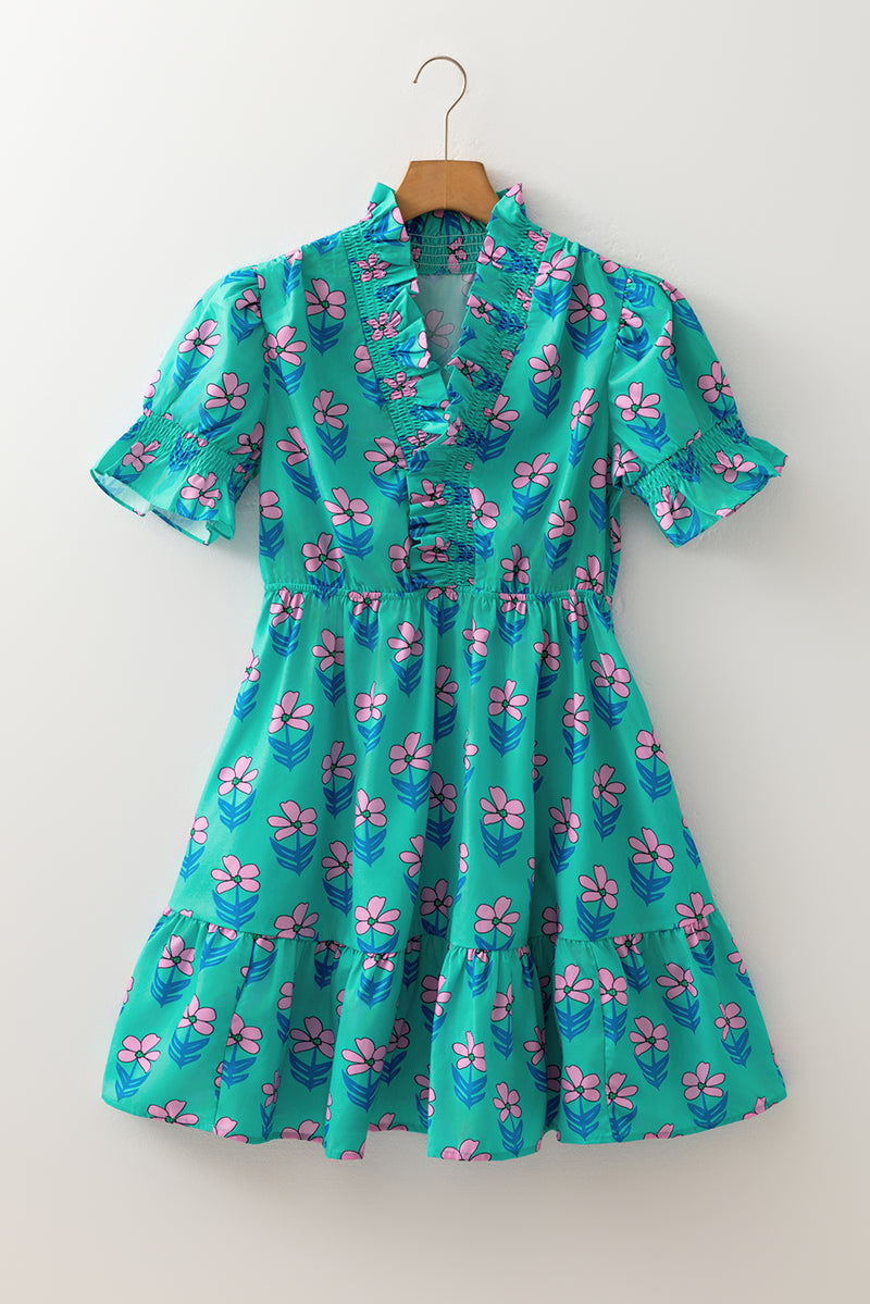 Floral Print Frilly Smocked Detail High Waist Mini Dress