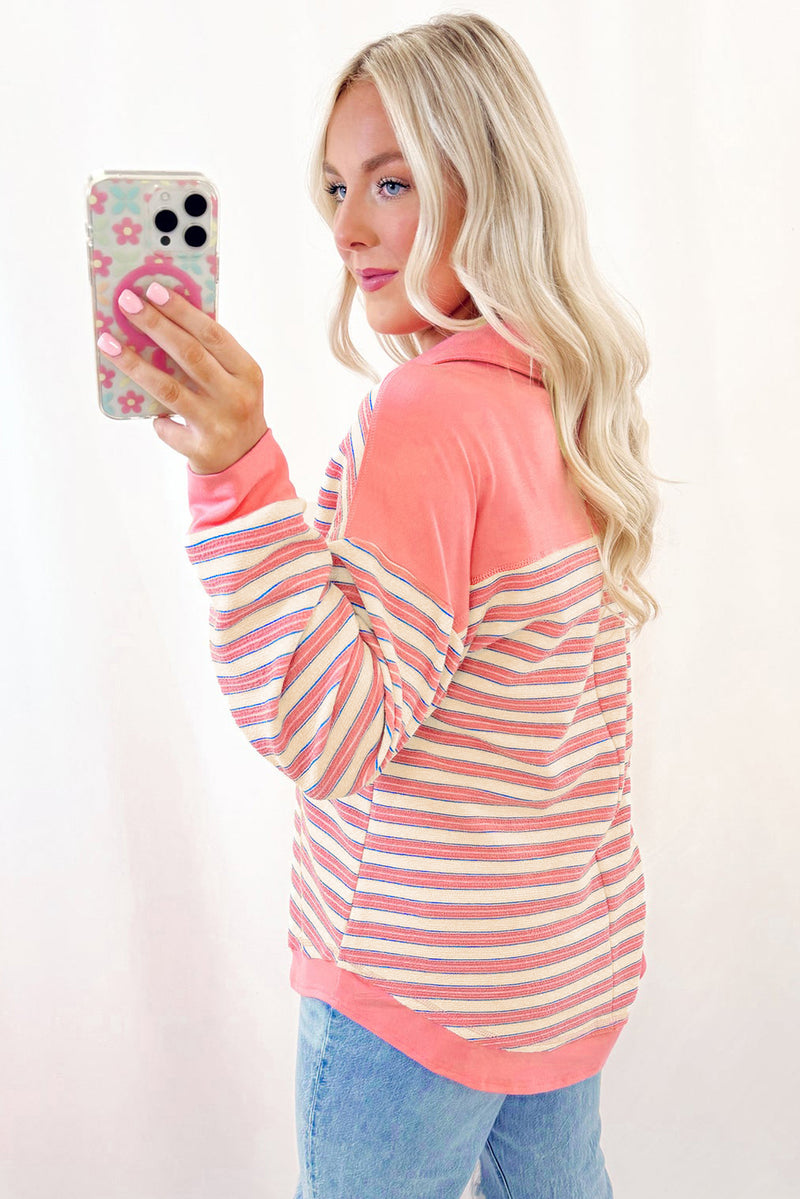 Stripe Buttoned V Neck Collared Drop Shoulder Top