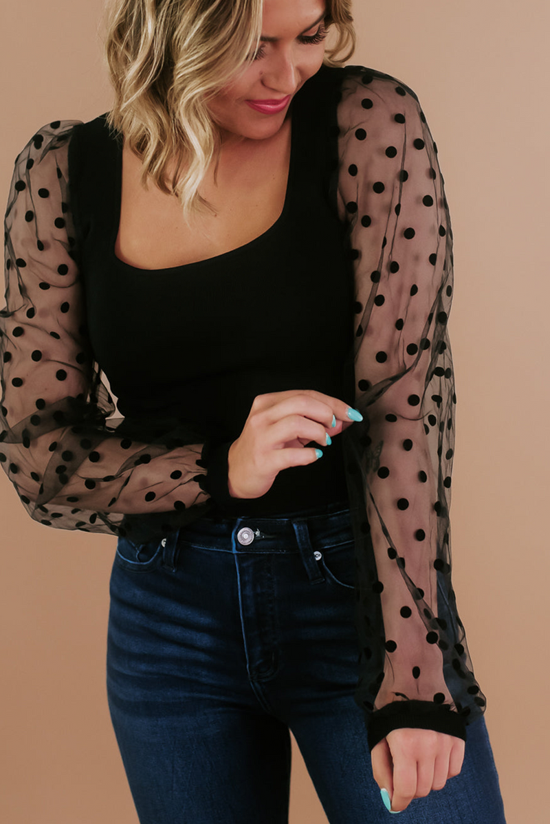 Polka Dot Mesh Puff Sleeve Patchwork Ribbed Square Neck Slim Top