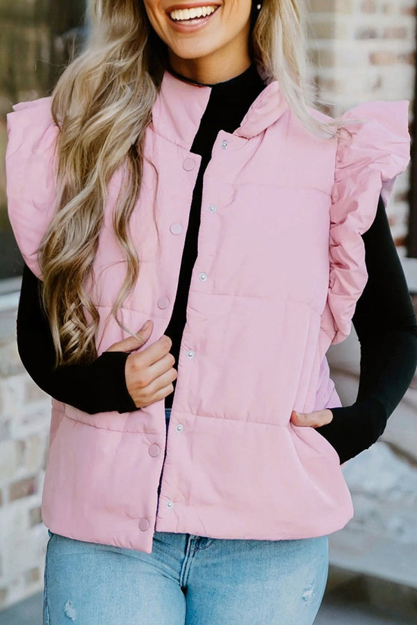 Stand Neck Flutter Sleeve Snap Button Puffer Vest