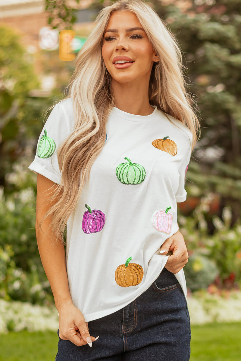 Sequin Pumpkin Patched Cotton Blend T Shirt