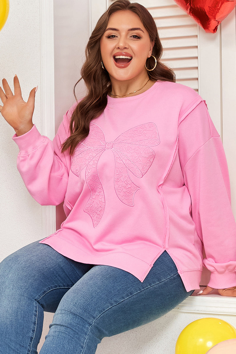 Big Bow Lace Embroidered Dolman Sleeve Slit Plus Size Sweatshirt