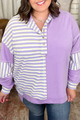 Purple Stripe Patchwork Buttoned Drop Shoulder Plus Size Pullover