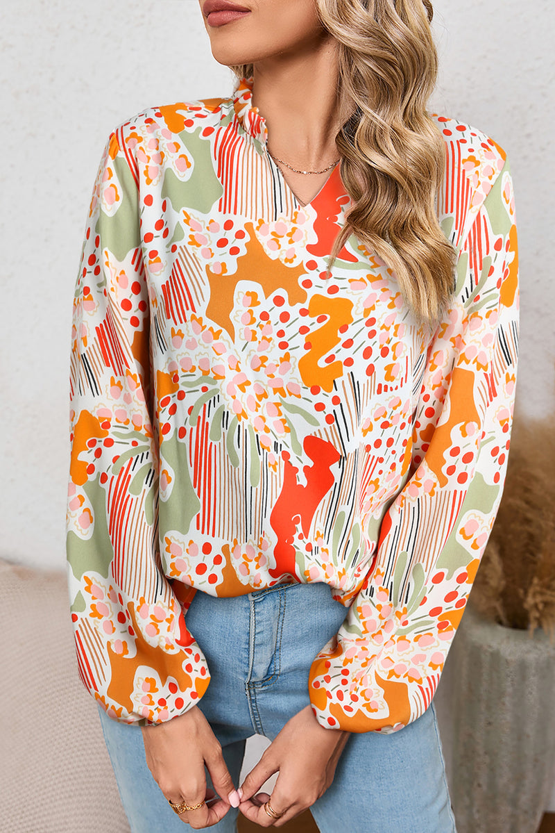 Printed Split V Neck Puff Sleeve Blouse