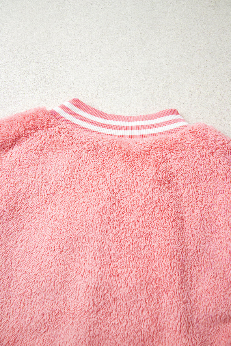 Pink Varsity Striped Banding Patchwork Winter Plush Vest