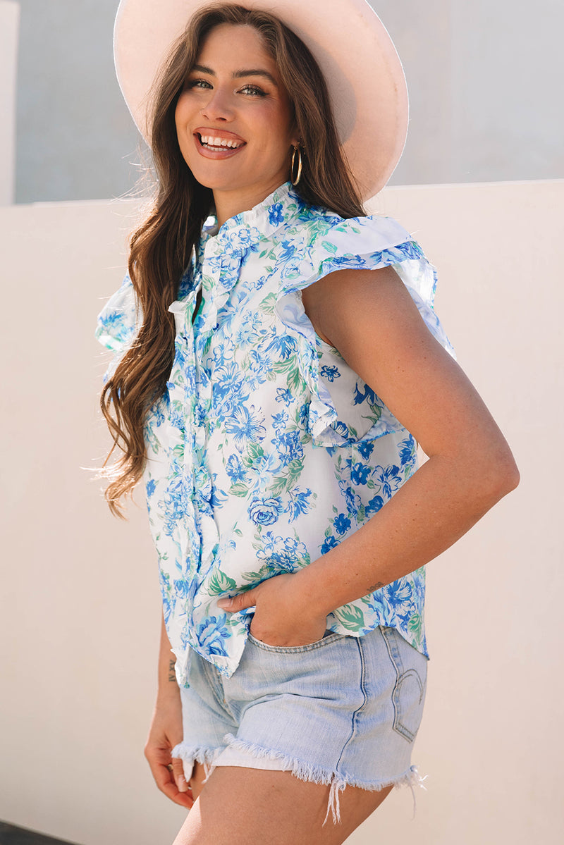 Pastel Floral Print Ruffle Sleeve Frilly Button Up Shirt