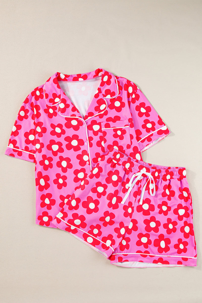 Cute Flower Print Short Sleeve Shirt Pajamas Set