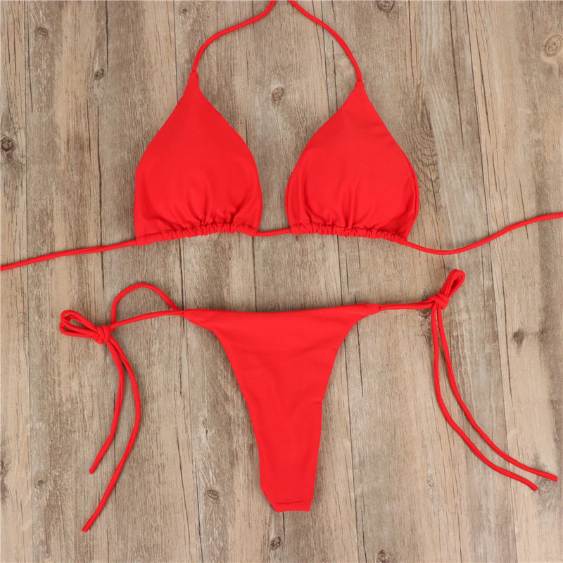 Halterneck Lace-up Bikini Women Summer Solid Color Sexy Split Strap Adjustable Swimsuit Suit