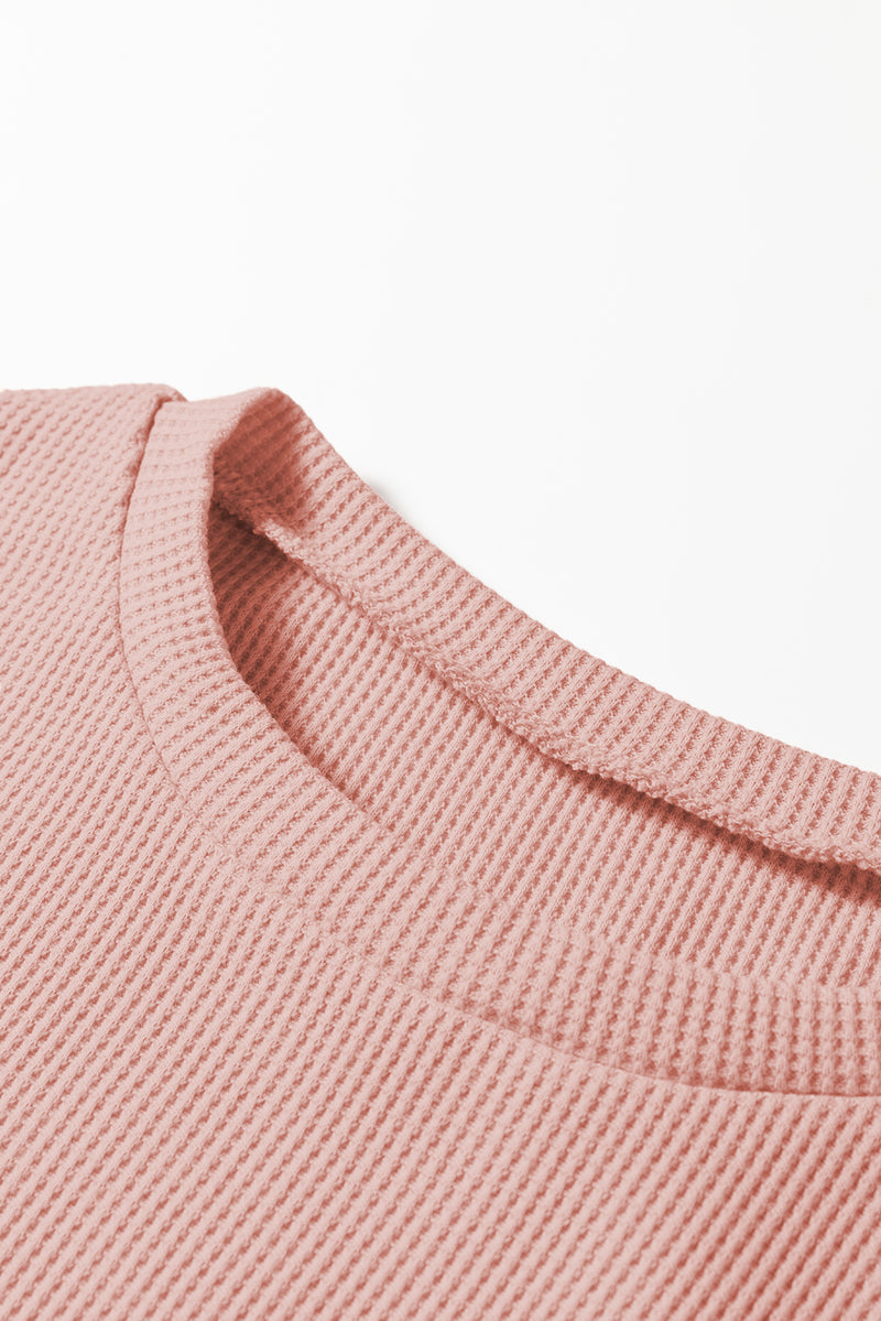 Pink Rounded Hem Waffle Long Sleeve Top