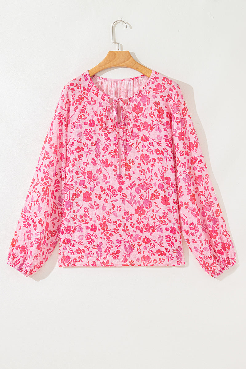 Floral Puff Sleeve Split Neck Lightweight Blouse