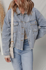 Bow Knot Print Light Wash Raw Hem Denim Jacket