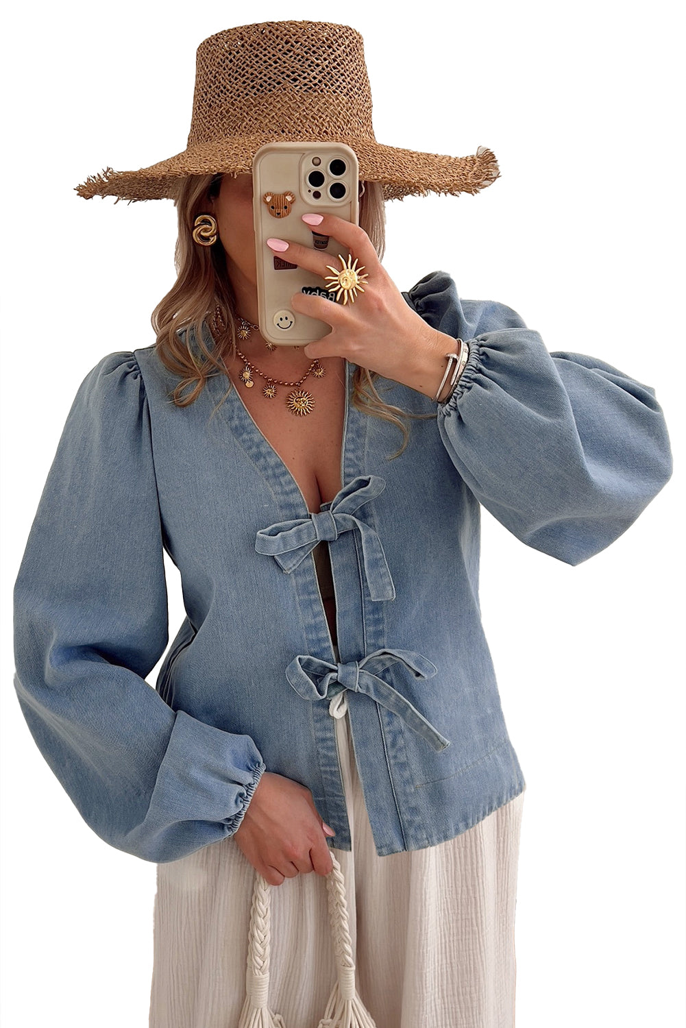 Tied Front Long Puff Sleeve Denim Top