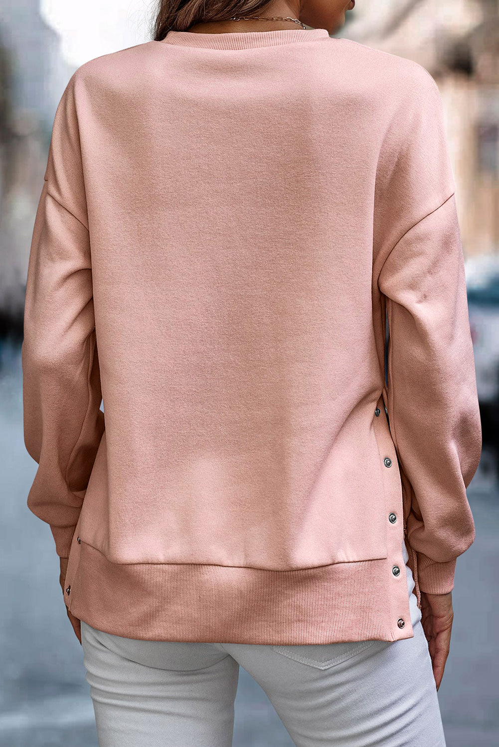 Solid Snap Buttons Side Splits Pullover Sweatshirt