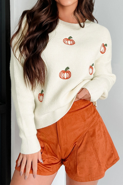 Pumpkin Embroidered Ribbed Thanksgiving Halloween Holiday Sweater