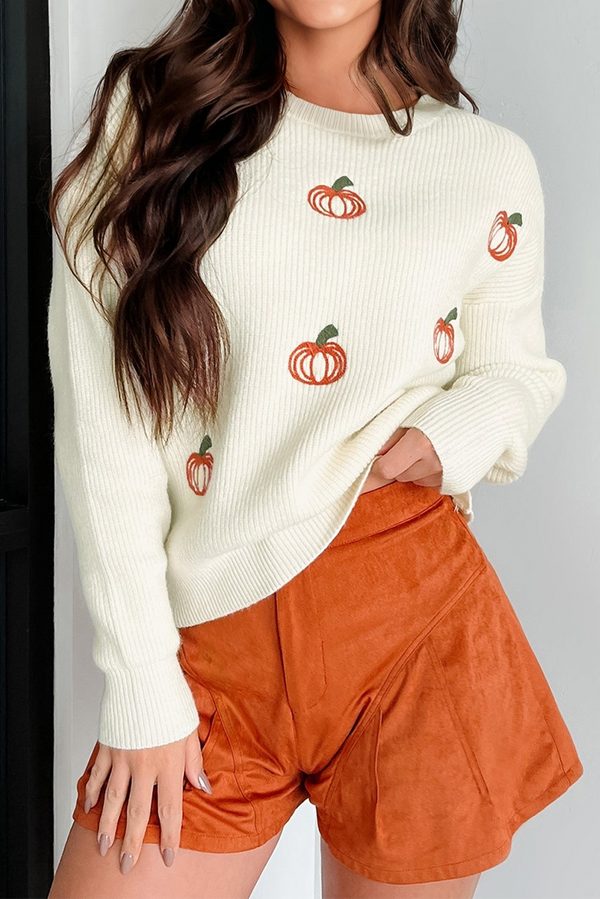 Pumpkin Embroidered Ribbed Thanksgiving Halloween Holiday Sweater