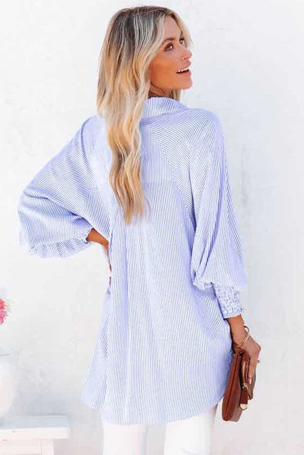 Smocked Cuffed Striped Loose Boyfriend Shirt with Pocket