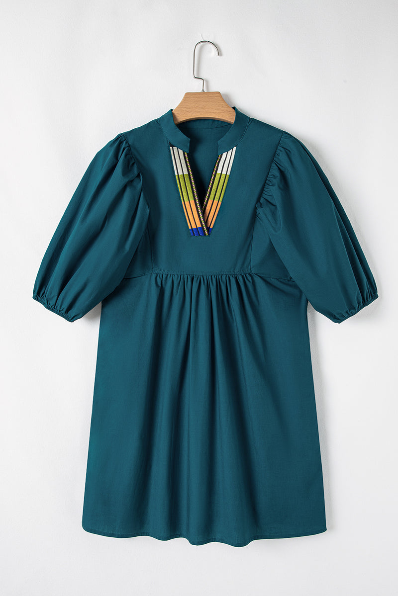 Blue Sapphire Color block Split V Neck Puff Sleeve Mini Dress