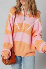 Stripe Colorblock Half Zip Oversize Sweater