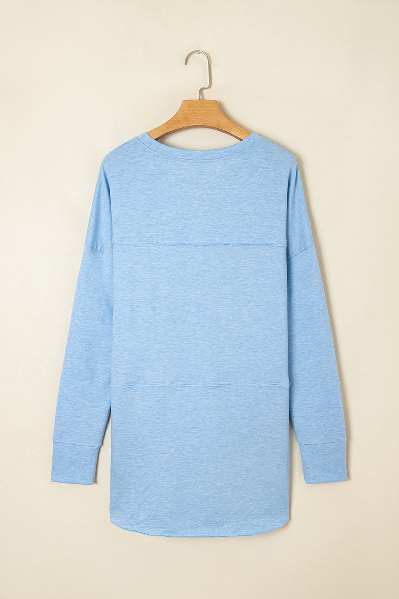 Sky Blue Notched Neck Terry Raw Hem Long Sleeve Top