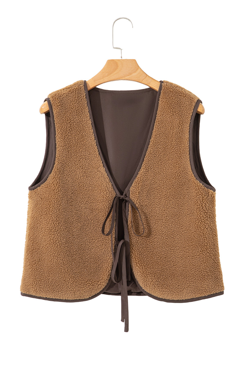 French Beige Contrast Trim Tie Front Sherpa Vest
