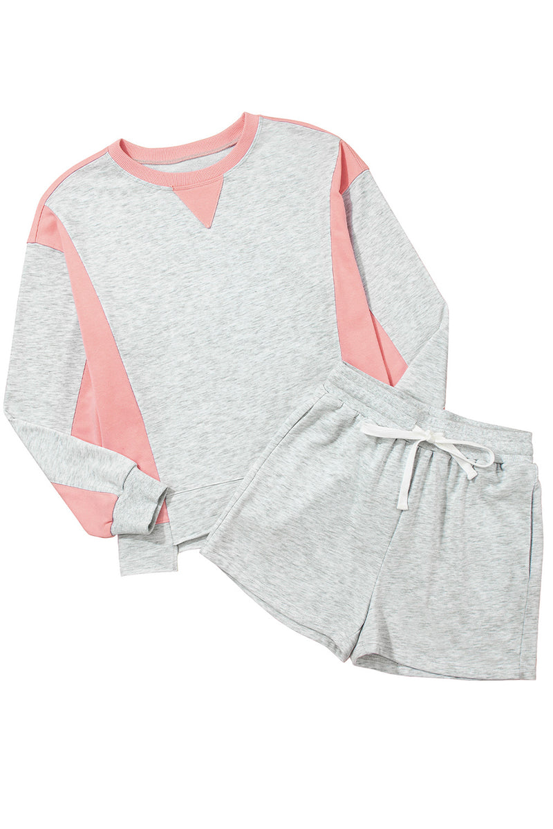 Color Block Raw Hem Pullover and Casual Shorts Set
